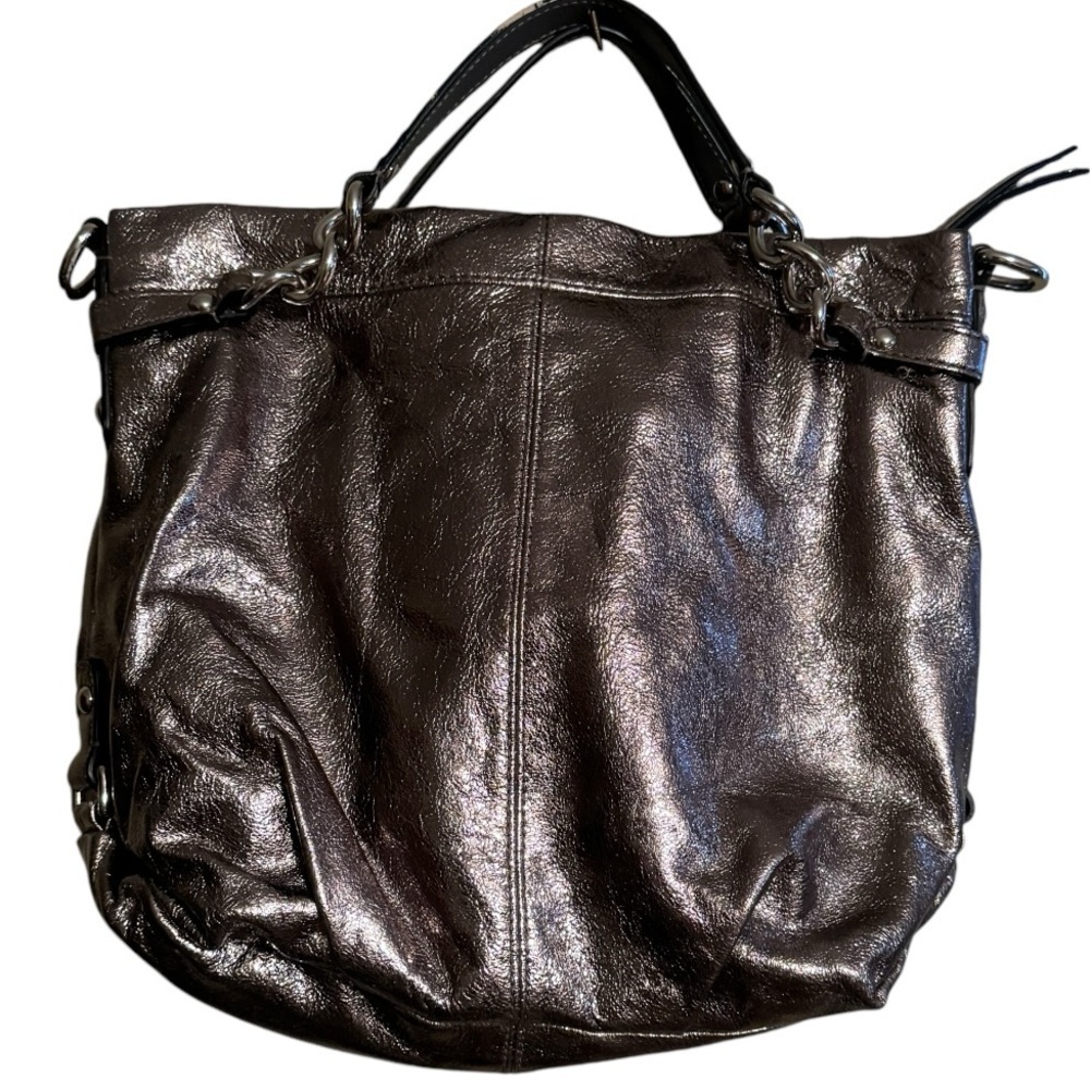 Coach Brooke Pewter Silver Met Leather‎ Satchel Convertible Shoulder Bag